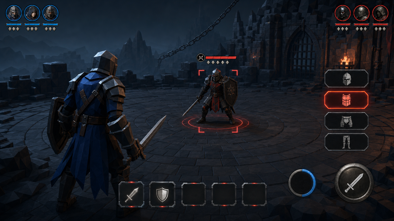 Low-poly Steel Gambit battle interface before two warriors clash